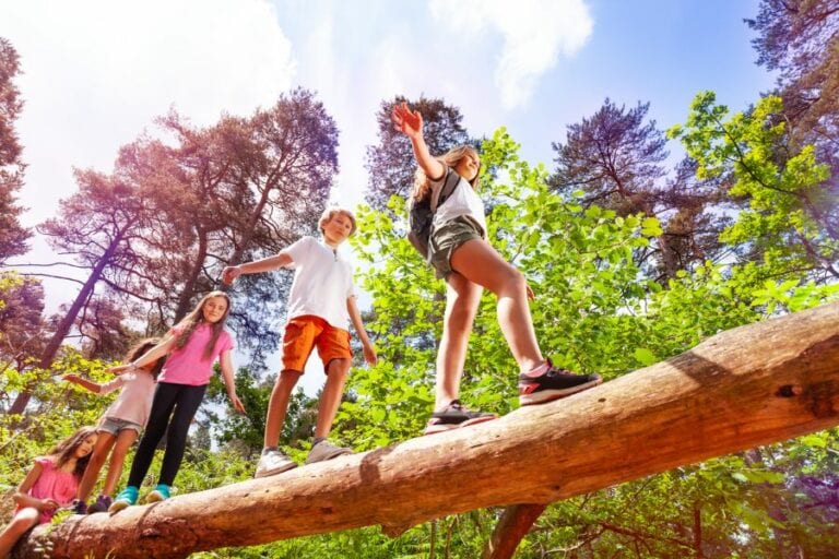 Kids Walking on Log in Woods