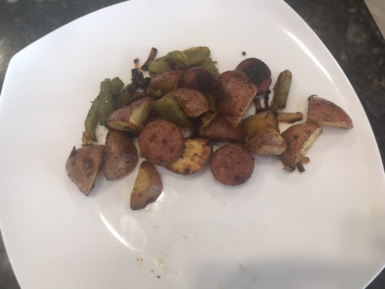 BGE Roasted Smoked Sausage, Potatoes & Veggies Plated