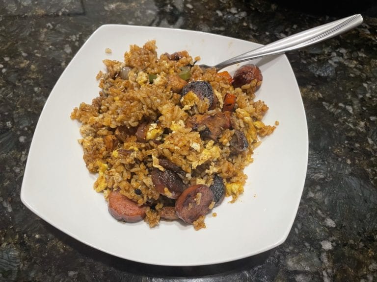 Own - Cajun Chicken Fried Rice with Kielbasa Sausage on the Blackstone - Plated
