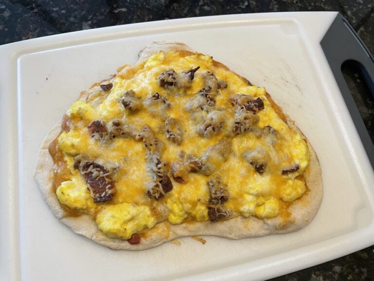 Own - Delicious Breakfast Pizza on the Big Green Egg (Kamado Joe) - Finished on Cutting Board