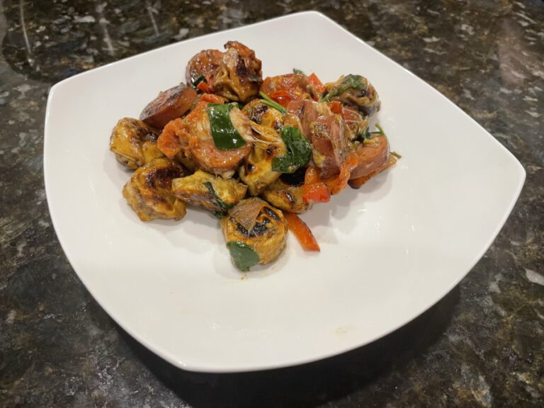Pesto Tortellini with Kielbasa Sausage on the Blackstone - Plated