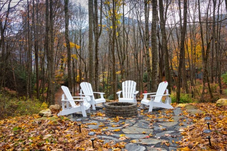 Fire Pit in the Mountains Surrounded by Adirondack Chairs