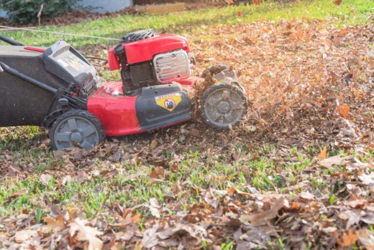 Lawn Mower Mulching Leaves in Fall