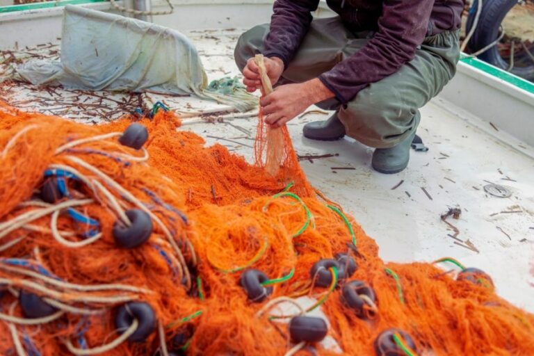 Fisherman Cleaning Fishing Nets Aboard a Boat