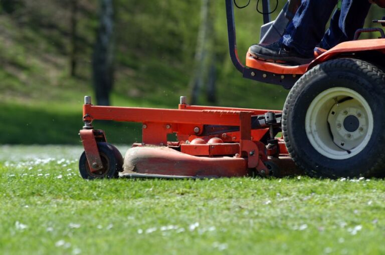 Red Ride-On Lawn Mower Cutting Grass