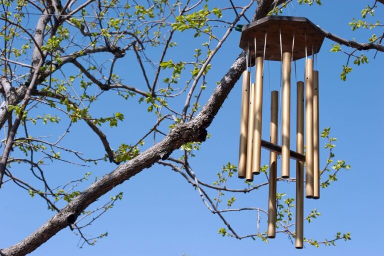 Wind Chimes Hanging From a Tree With Budding Leaves