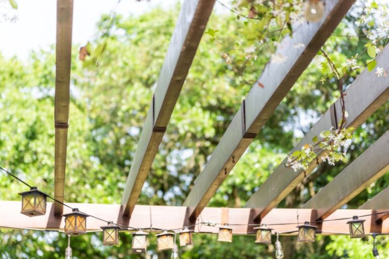Rafters of a Pergola Decorated With Hanging Lights