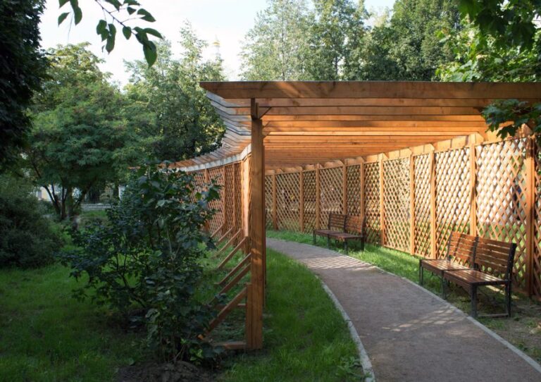 Wood Pergola With Braces in Grass