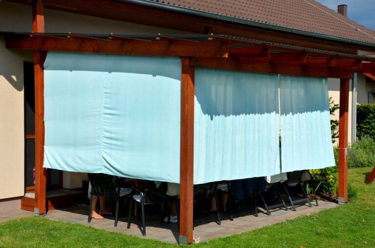Wooden Pergola With Fabric Curtains on the Sides
