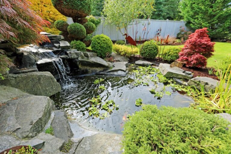 Backyard Pond With Beautiful Lanscaping and Rock