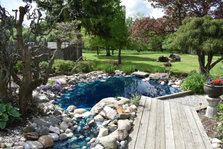 Backyard Pond With Water That Has Been Dyed Blue