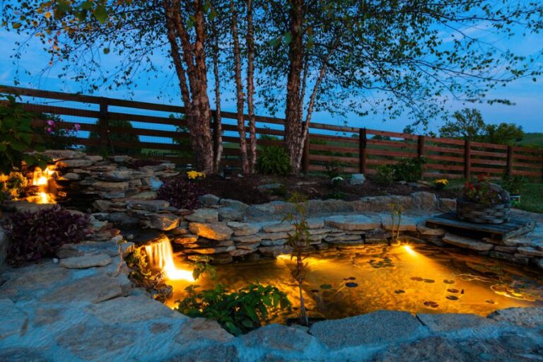 Small Backyard Pond Lit at Night
