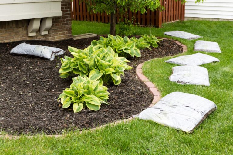 Laying Dark Brown Mulch in a Garden Bed
