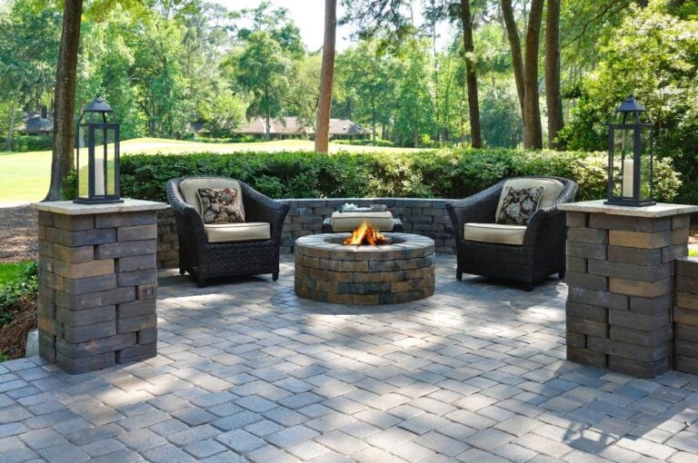 Lit Fire Pit in a Beautiful Patio