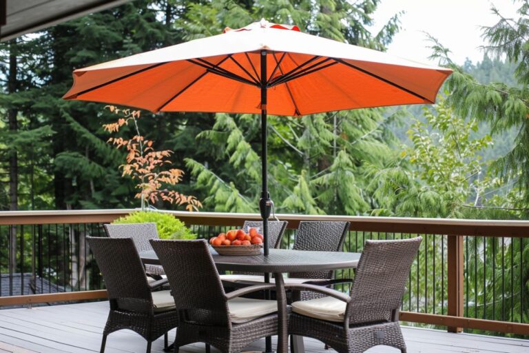 Open Umbrella Over a Patio Set on a Deck