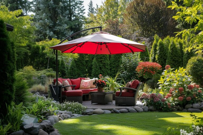 Red Cantilever Umbrella Over a Conversation Set on a Patio in the Backyard