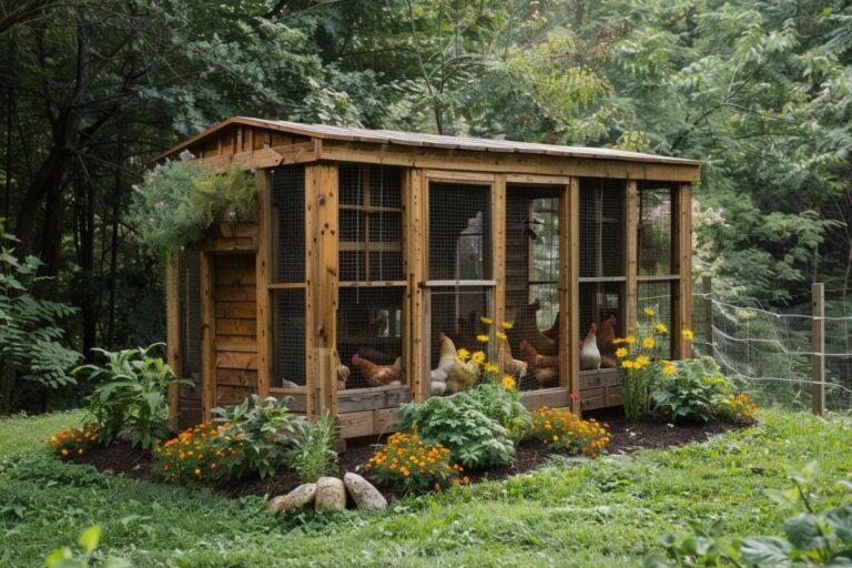 Several Hens in a Homemade Chicken Coop Surrounded by Herbs and Flowers