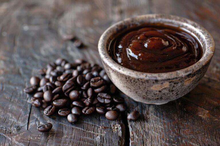 a small bowl of homemade barbecue sauce with some coffee beans next to it