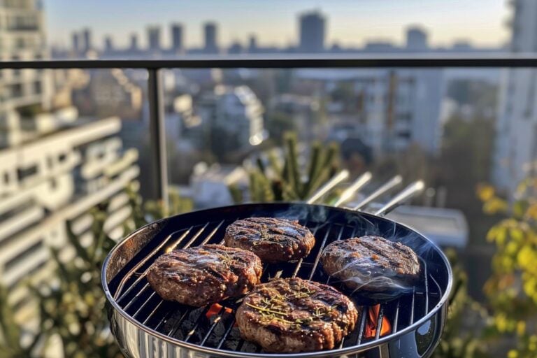 Grilling burgers on apartment balcony