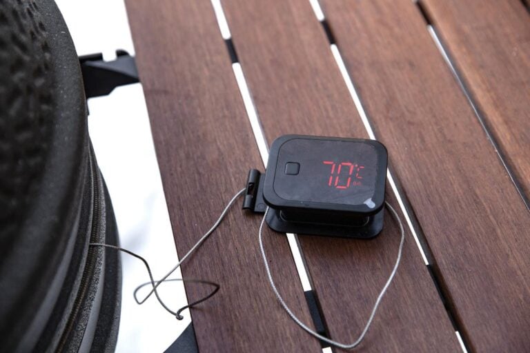 Checking the temperature of meat in a grill